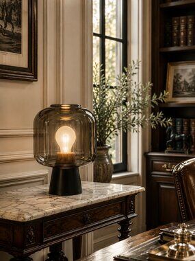Dusk Dawn Smoked Glass Drum Table Lamp Nordic Style